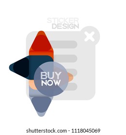 Flat design triangle arrow shape geometric sticker icon, paper style design with buy now sample text, for business or web presentation, app or interface buttons, internet website store banners and
