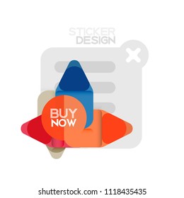 Flat design triangle arrow shape geometric sticker icon, paper style design with buy now sample text, for business or web presentation, app or interface buttons, internet website store banners and