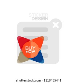 Flat design triangle arrow shape geometric sticker icon, paper style design with buy now sample text, for business or web presentation, app or interface buttons, internet website store banners and