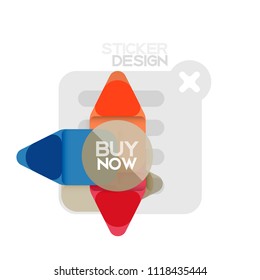 Flat design triangle arrow shape geometric sticker icon, paper style design with buy now sample text, for business or web presentation, app or interface buttons, internet website store banners and