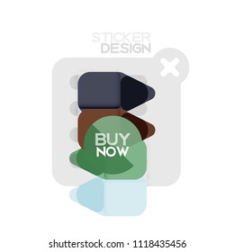 Flat design triangle arrow shape geometric sticker icon, paper style design with buy now sample text, for business or web presentation, app or interface buttons, internet website store banners and