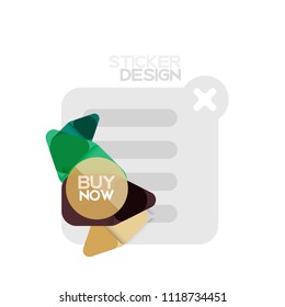 Flat design triangle arrow shape geometric sticker icon, paper style design with buy now sample text, for business or web presentation, app or interface buttons, internet website store banners and