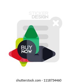 Flat design triangle arrow shape geometric sticker icon, paper style design with buy now sample text, for business or web presentation, app or interface buttons, internet website store banners and