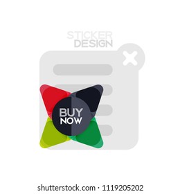 Flat design triangle arrow shape geometric sticker icon, paper style design with buy now sample text, for business or web presentation, app or interface buttons, internet website store banners and