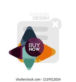 Flat design triangle arrow shape geometric sticker icon, paper style design with buy now sample text, for business or web presentation, app or interface buttons, internet website store banners and