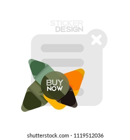 Flat design triangle arrow shape geometric sticker icon, paper style design with buy now sample text, for business or web presentation, app or interface buttons, internet website store banners and