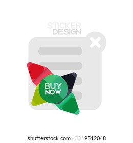 Flat design triangle arrow shape geometric sticker icon, paper style design with buy now sample text, for business or web presentation, app or interface buttons, internet website store banners and