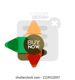 Flat design triangle arrow shape geometric sticker icon, paper style design with buy now sample text, for business or web presentation, app or interface buttons, internet website store banners and