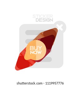 Flat design triangle arrow shape geometric sticker icon, paper style design with buy now sample text, for business or web presentation, app or interface buttons, internet website store banners and