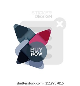 Flat design triangle arrow shape geometric sticker icon, paper style design with buy now sample text, for business or web presentation, app or interface buttons, internet website store banners and