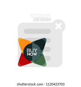 Flat design triangle arrow shape geometric sticker icon, paper style design with buy now sample text, for business or web presentation, app or interface buttons, internet website store banners and