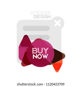 Flat design triangle arrow shape geometric sticker icon, paper style design with buy now sample text, for business or web presentation, app or interface buttons, internet website store banners and