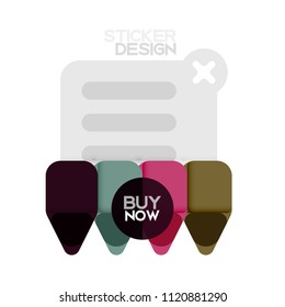 Flat design triangle arrow shape geometric sticker icon, paper style design with buy now sample text, for business or web presentation, app or interface buttons, internet website store banners and