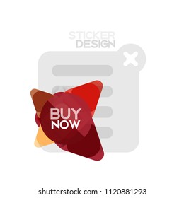 Flat design triangle arrow shape geometric sticker icon, paper style design with buy now sample text, for business or web presentation, app or interface buttons, internet website store banners and