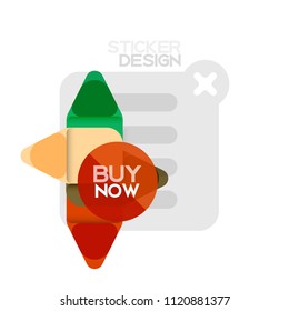 Flat design triangle arrow shape geometric sticker icon, paper style design with buy now sample text, for business or web presentation, app or interface buttons, internet website store banners and