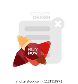 Flat design triangle arrow shape geometric sticker icon, paper style design with buy now sample text, for business or web presentation, app or interface buttons, internet website store banners and