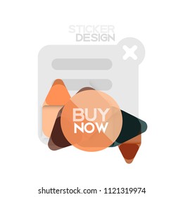 Flat design triangle arrow shape geometric sticker icon, paper style design with buy now sample text, for business or web presentation, app or interface buttons, internet website store banners and
