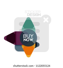 Flat design triangle arrow shape geometric sticker icon, paper style design with buy now sample text, for business or web presentation, app or interface buttons, internet website store banners and