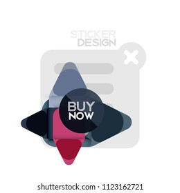 Flat design triangle arrow shape geometric sticker icon, paper style design with buy now sample text, for business or web presentation, app or interface buttons, internet website store banners and