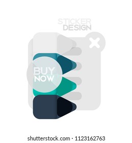 Geometrisches Stickersymbol für Flachdesign-Dreieck, Papierstil-Design mit Kaufen-Beispieltext, für Geschäfts- oder Webpräsentationen, App- oder Schnittstellenknöpfe, Banner für Internetseiten und