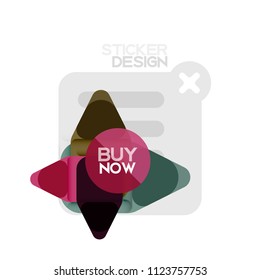 Flat design triangle arrow shape geometric sticker icon, paper style design with buy now sample text, for business or web presentation, app or interface buttons, internet website store banners and
