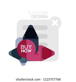 Flat design triangle arrow shape geometric sticker icon, paper style design with buy now sample text, for business or web presentation, app or interface buttons, internet website store banners and