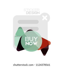 Flat design triangle arrow shape geometric sticker icon, paper style design with buy now sample text, for business or web presentation, app or interface buttons, internet website store banners and