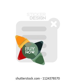 Flat design triangle arrow shape geometric sticker icon, paper style design with buy now sample text, for business or web presentation, app or interface buttons, internet website store banners and