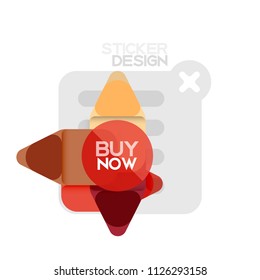 Flat design triangle arrow shape geometric sticker icon, paper style design with buy now sample text, for business or web presentation, app or interface buttons, internet website store banners and