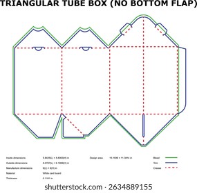 Flat design of a triangular tube box template with dimensions and layout information