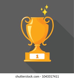 Flat design of trophy cup. Award icon isolated on grey background. Golden vinners cup. Champion concept. A feather in one's cap. Vector illustration.