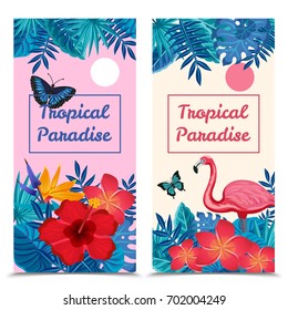 Flat design tropical paradise vertical banners set with exotic flowers flamingo and butterflies isolated vector illustration