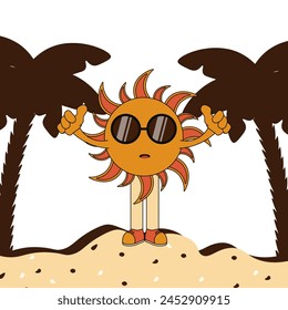 Flat design t-shirt print with kawaii Sun character.  Limited color Palettes style. Travel seasonal concept. Vector illustration can used web social media postcard, banner, poster design. EPS 10