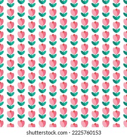 Diseño plano de la flor de los tulipanes sin fisuras en un fondo blanco. Diseño plano de color rosa con un patrón sin costuras floral.