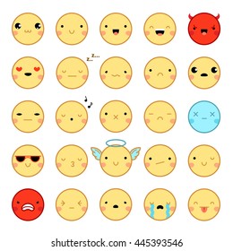 Flat design twenty-five funny colorful emoji emoticons set with various emotions isolated on white background vector illustration