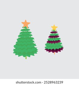 flat design two christmas trees. green christmas ornament clipart with star on the end. suitable for christmas gift, decoration, and christmas greeting card design