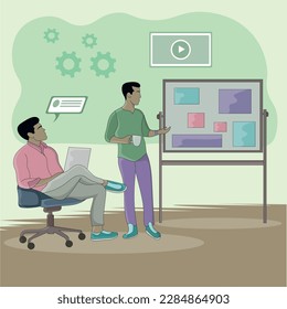 Flat design of two discussing men using a notice board 