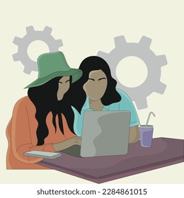 Flat design of two girls looking at laptop computer