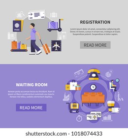 Flat design two horizontal banners set with check in process and waiting room at airport isolated on colorful background vector illustration