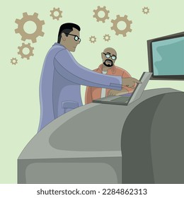 Flat design of two man looking at laptop computer