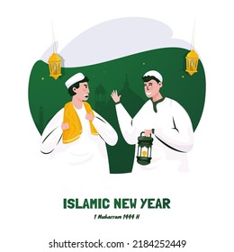 Flat design two muslims for islamic new year 1 muharram celebration