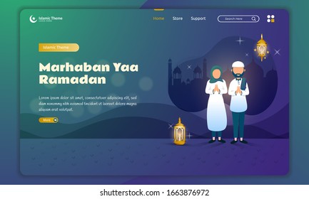 Flat design of two Muslims welcome the month of Ramadan on landing page