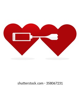 Flat design  two red hearts with battery charger.  Love power concept. 