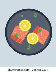 Diseño plano con dos salmones y limón en un plato