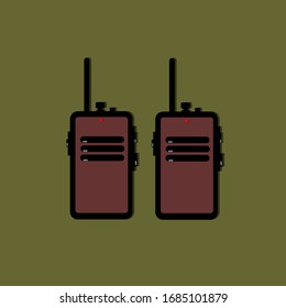 diseño plano, dos walkie talkies en marrón y negro con fondo verde. puede ser para afiches y otros