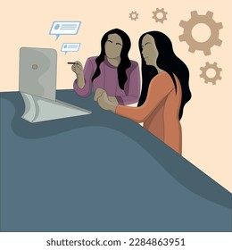 flat design of two women looking at computer