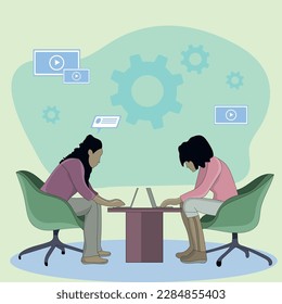 Flat design of two women sitting in front of each other looking at laptop