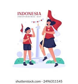 Flat design two young people with Indonesia flag celebrate of independence day, Vector illustration