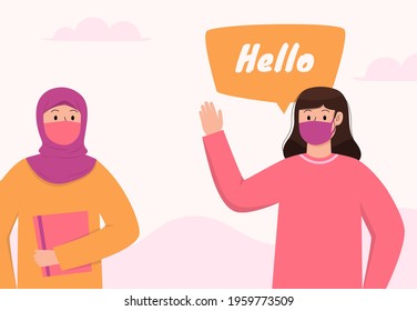 Flat Design Two Young Women Greeting Stock Vector (Royalty Free ...