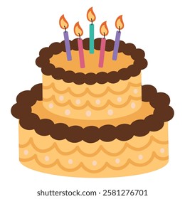 Flat design two-layer birthday cake with candles isolated vector illustration